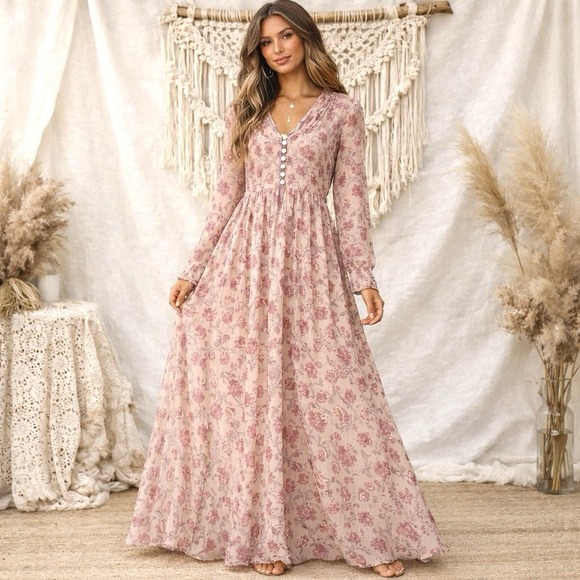 Free People Dresses & Skirts - Free People Small Maxi Dress Sheer Lined Pink Floral Long Sleeve Flowy Cottage S